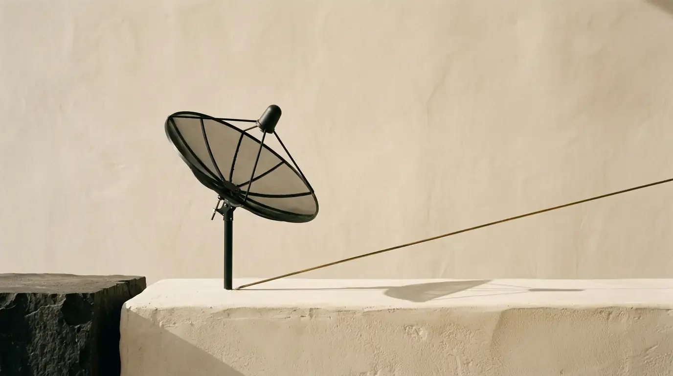 A small black satellite dish on a post at the edge of a plaster ledge, a brass wire running to it