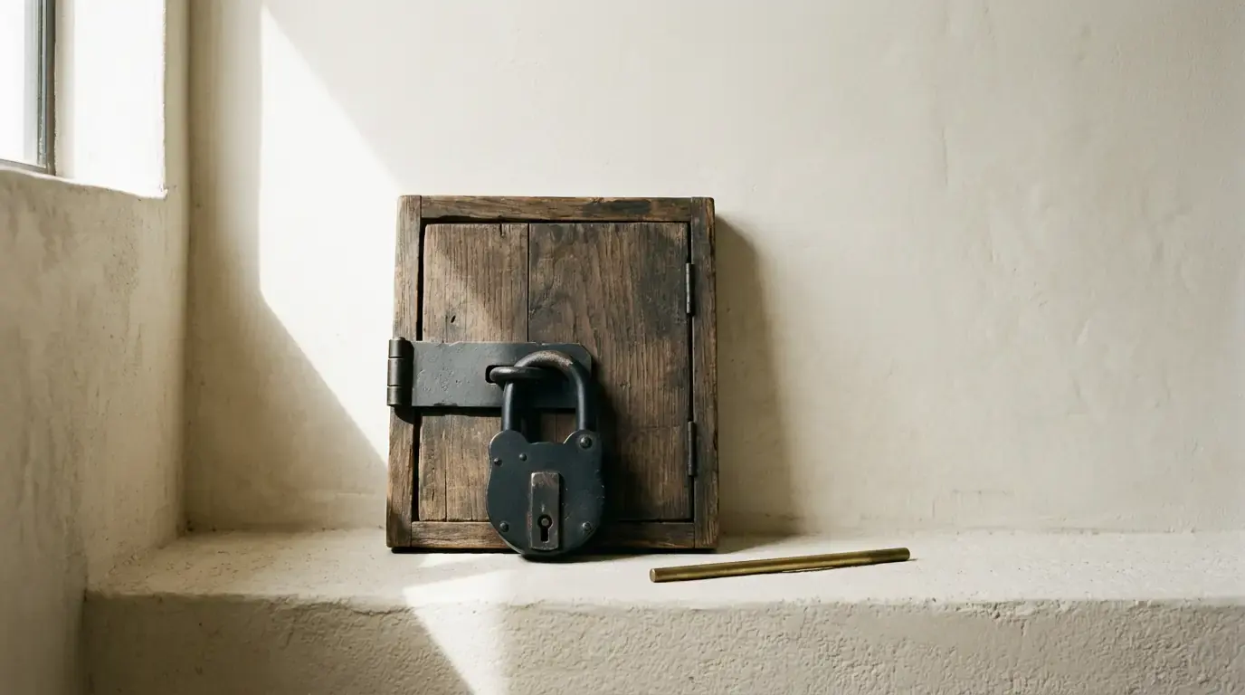 A black padlock through an iron hasp on a small weathered wooden cabinet door on a sunlit sill.