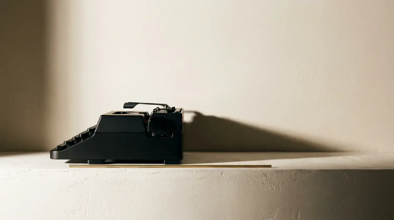 A black manual typewriter resting on thin brass rods, its shadow thrown long across the wall.