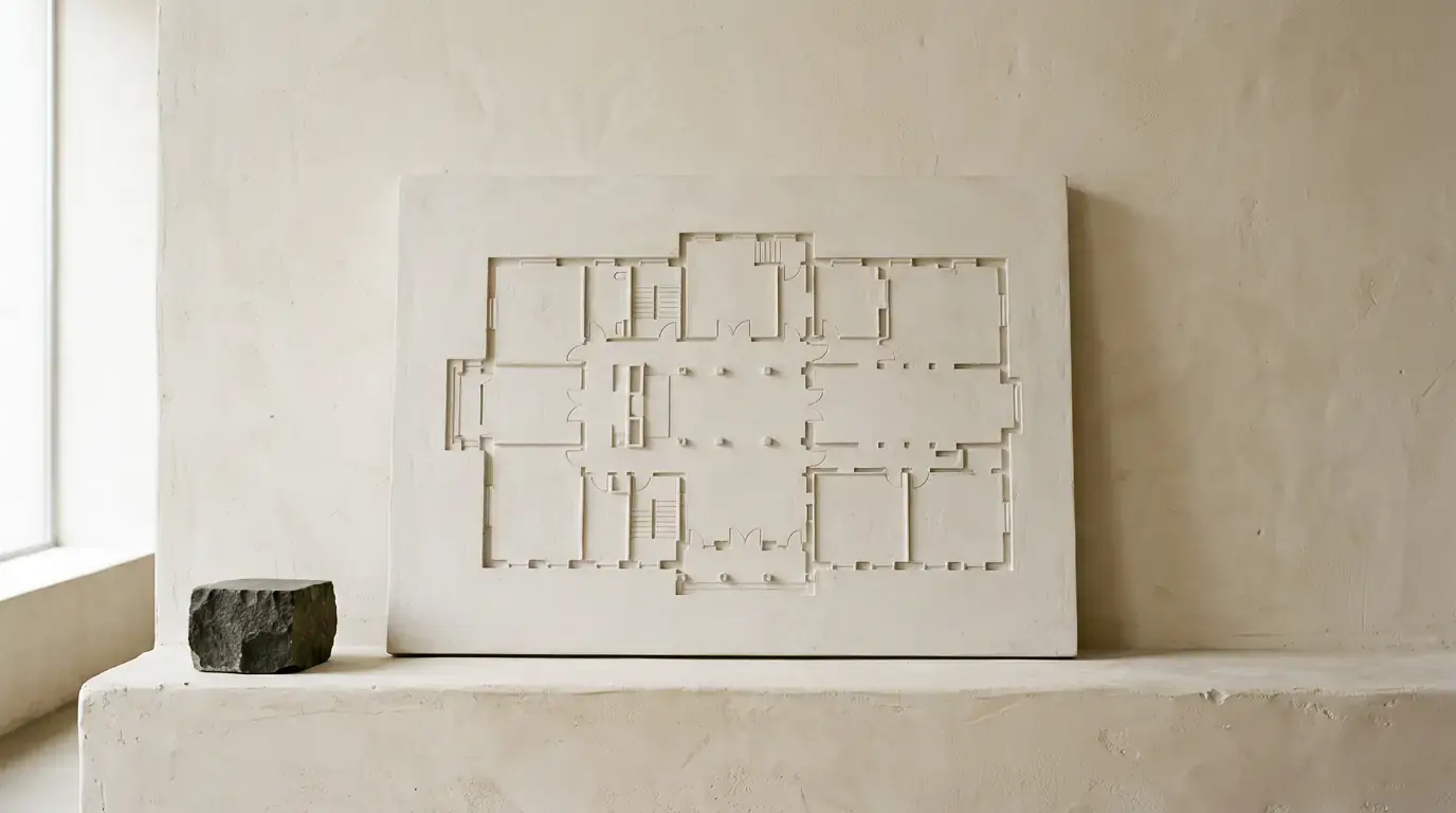 A pale plaster relief of a building floor plan leaning on a windowsill, a dark stone beside it