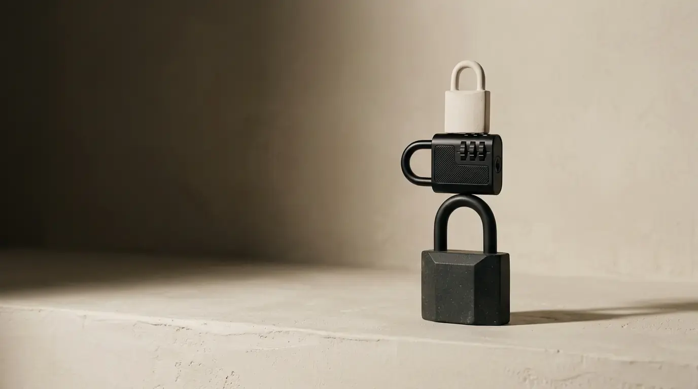 Three padlocks balanced in a column: a stone one, a black combination lock, a pale one on top