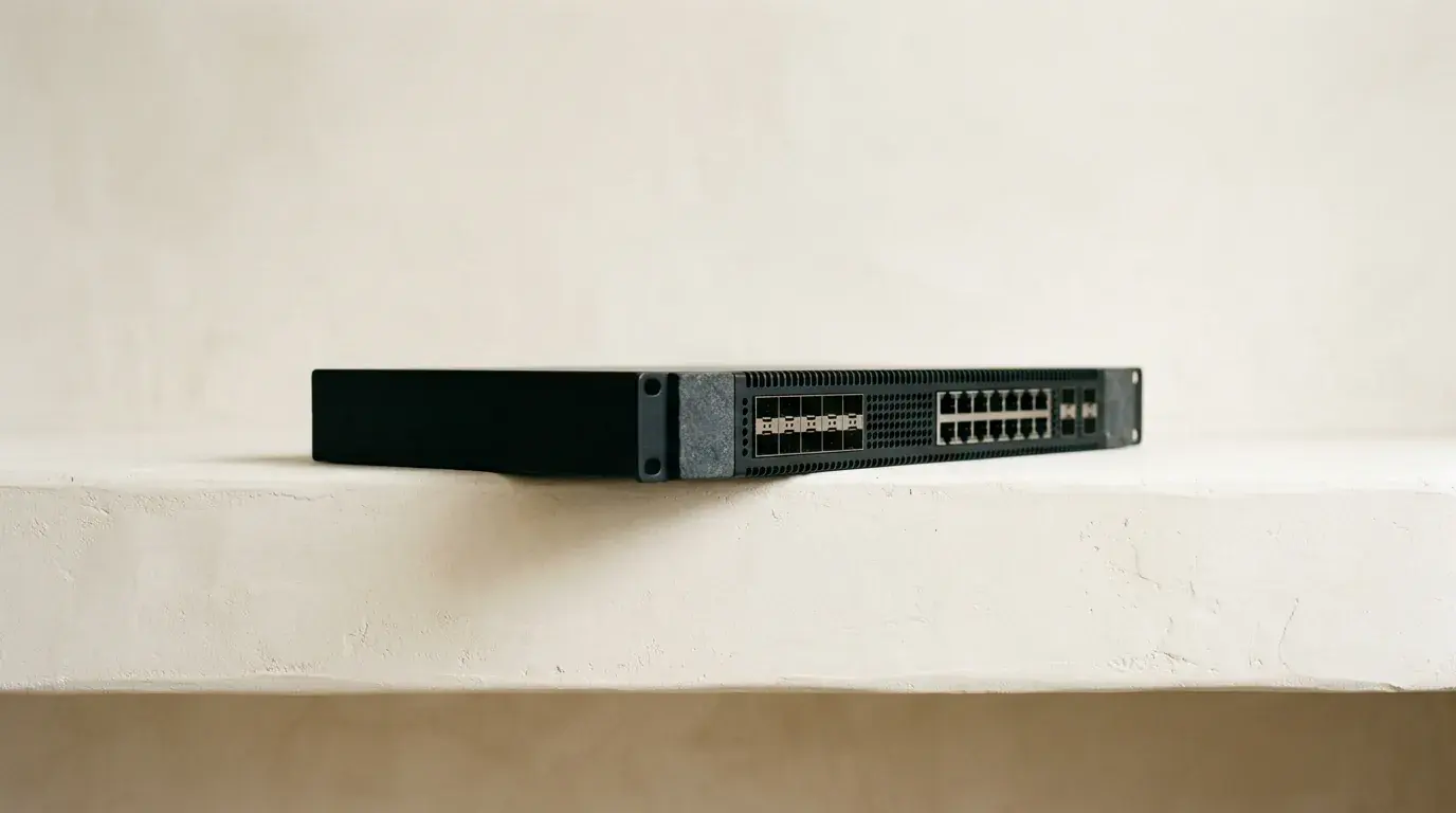 A slim black rack-mounted network unit lying flat on a plaster ledge, its port row in shadow