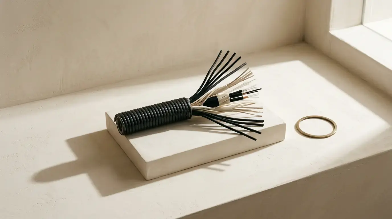 A coiled black cable on a pale block, its end opened into a fan of black and cream cores