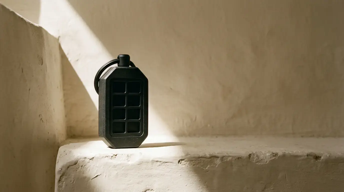 A dark stone fob with eight recessed keys and a loop at the top, standing in a shaft of sunlight