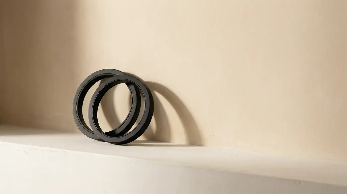 Two black metal rings leaning into one another on a ledge, their shadow curving across the wall.