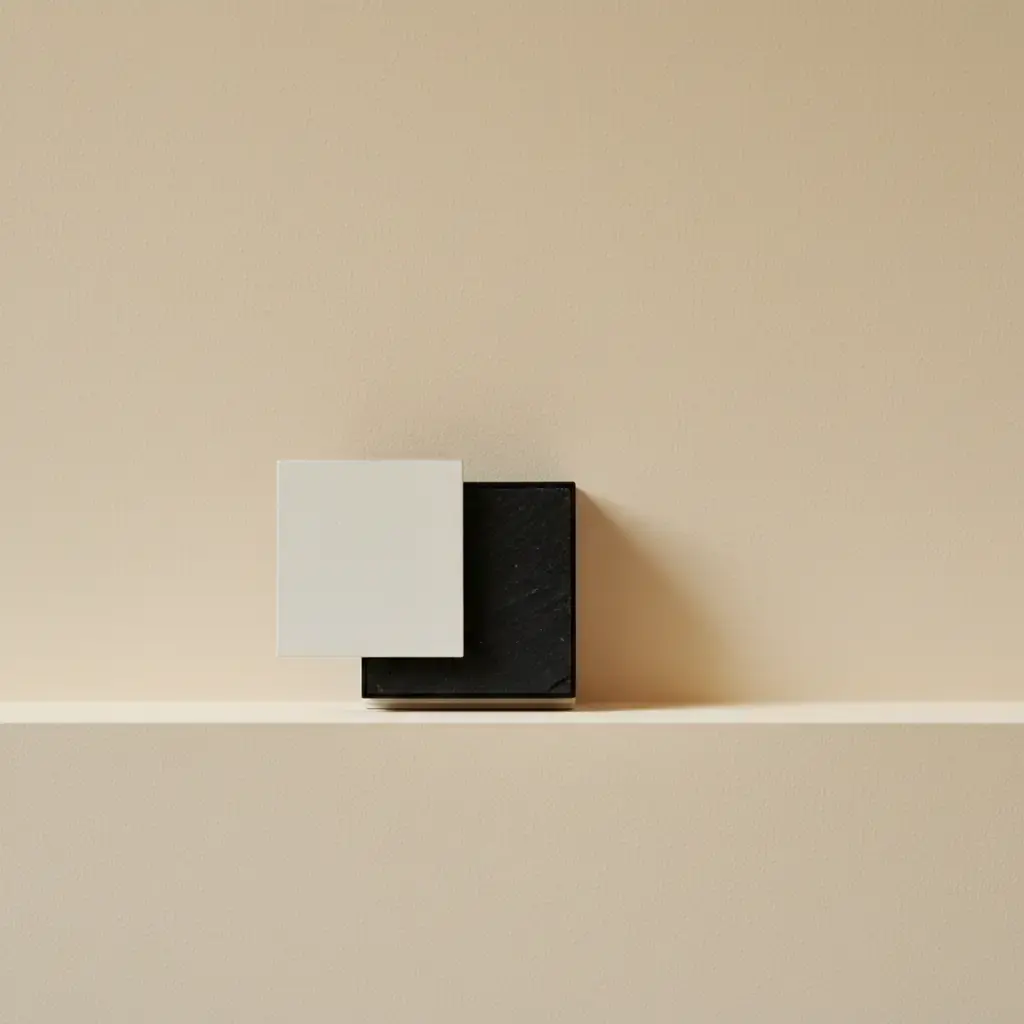 A pale card and a black card standing side by side on a ledge against a warm plaster wall.