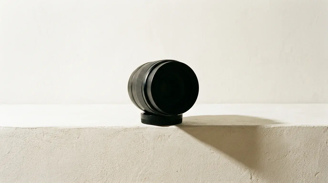A short matte black cylindrical lens barrel standing on end on a plaster ledge, seen straight on