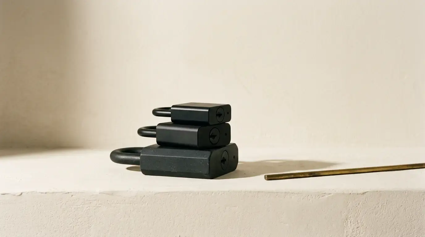 Three padlocks stacked largest to smallest on a plaster ledge, a brass rod lying to one side