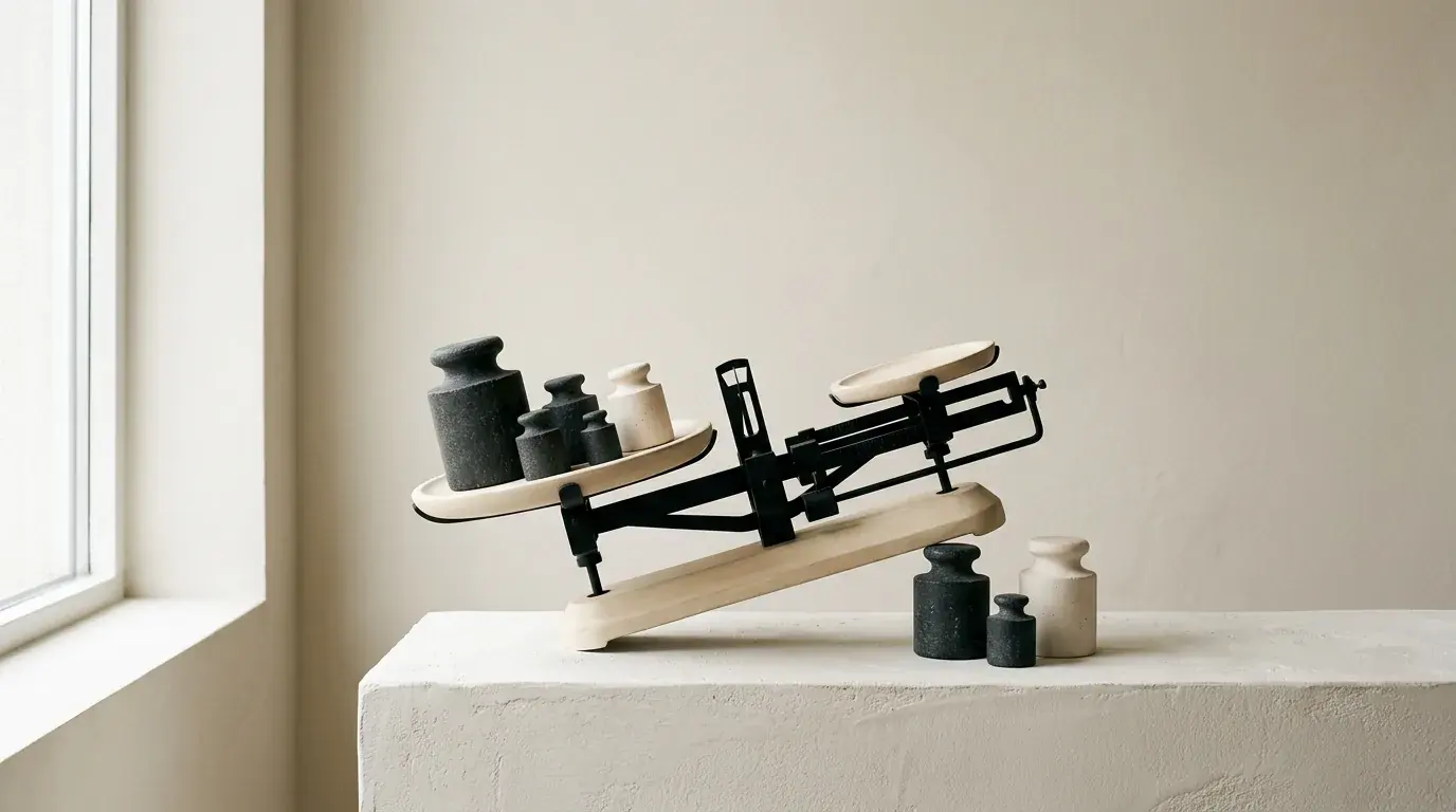 A balance scale with unequal weights on its two pans, standing in plaster window light