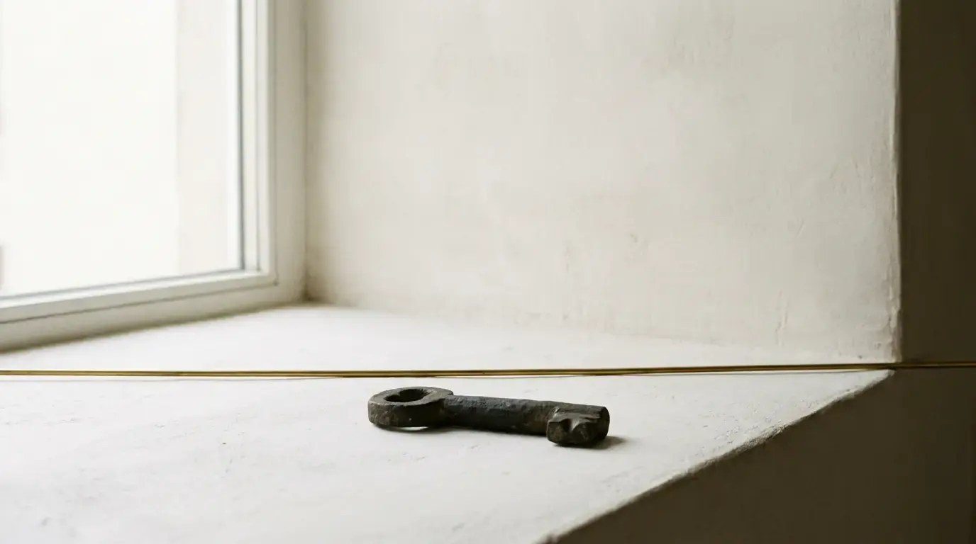 A worn iron key lying on a whitewashed windowsill in flat daylight, a brass wire running behind it