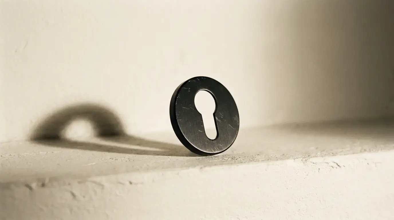 A scratched steel escutcheon with a keyhole cut through it, standing on edge on a plaster ledge
