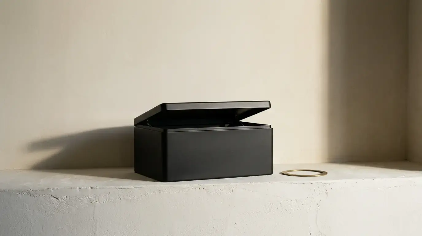 A matte black box with its lid propped open on a plaster ledge, a brass ring lying beside it