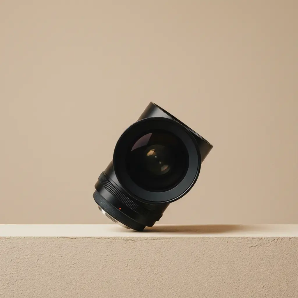 A wide camera lens tilted up on a pale ledge, the glass catching a small point of light.